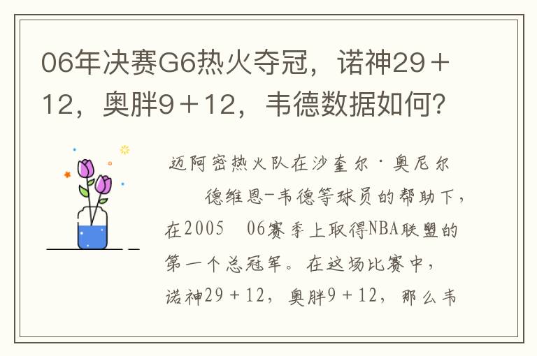 06年决赛G6热火夺冠，诺神29＋12，奥胖9＋12，韦德数据如何？