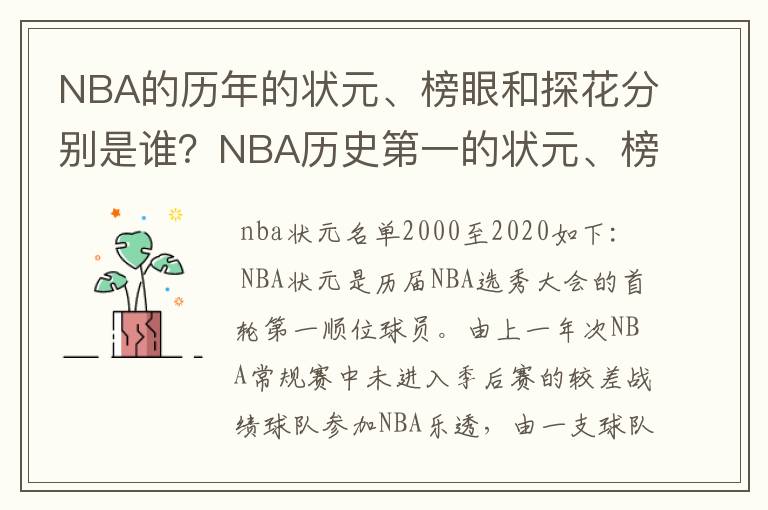 NBA的历年的状元、榜眼和探花分别是谁？NBA历史第一的状元、榜