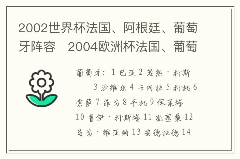 2002世界杯法国、阿根廷、葡萄牙阵容   2004欧洲杯法国、葡萄牙阵容