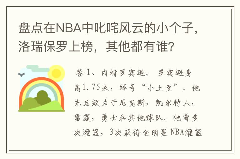 盘点在NBA中叱咤风云的小个子，洛瑞保罗上榜，其他都有谁？