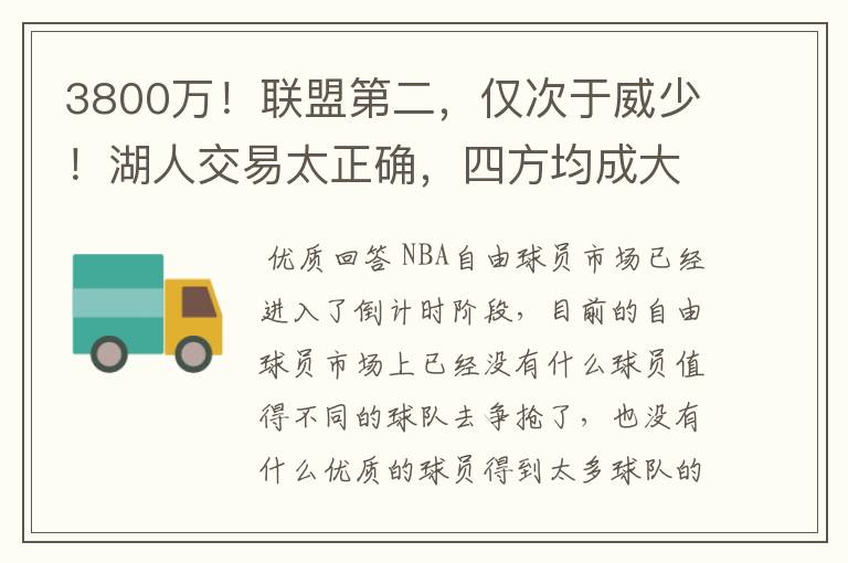 3800万！联盟第二，仅次于威少！湖人交易太正确，四方均成大赢家