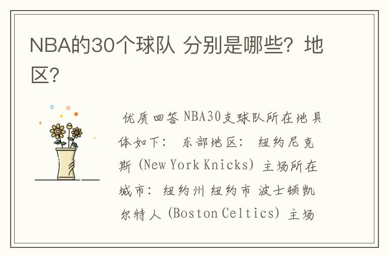 NBA的30个球队 分别是哪些？地区？