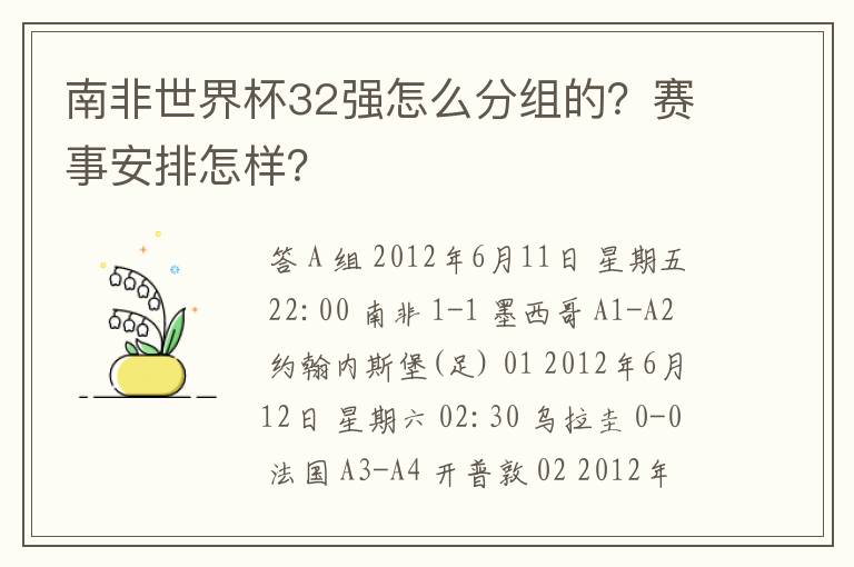 南非世界杯32强怎么分组的？赛事安排怎样？