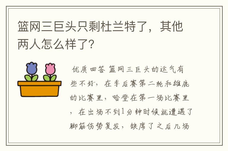 篮网三巨头只剩杜兰特了，其他两人怎么样了？