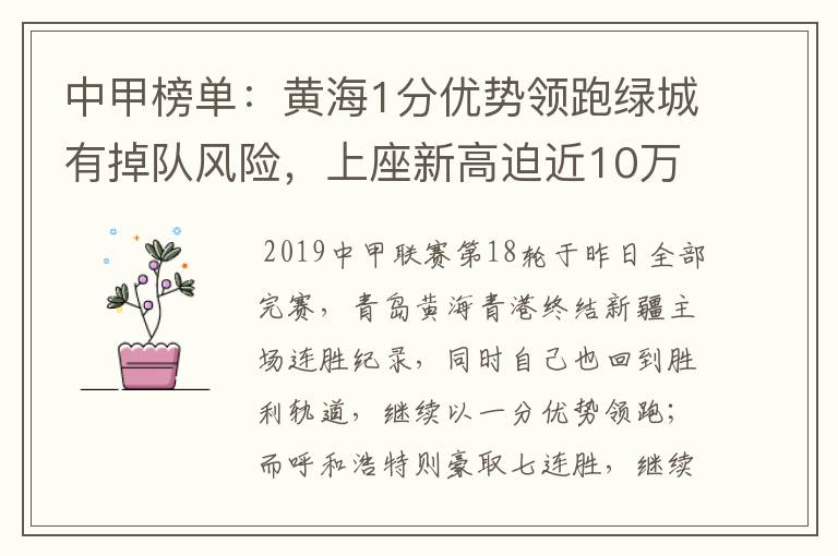 中甲榜单：黄海1分优势领跑绿城有掉队风险，上座新高迫近10万