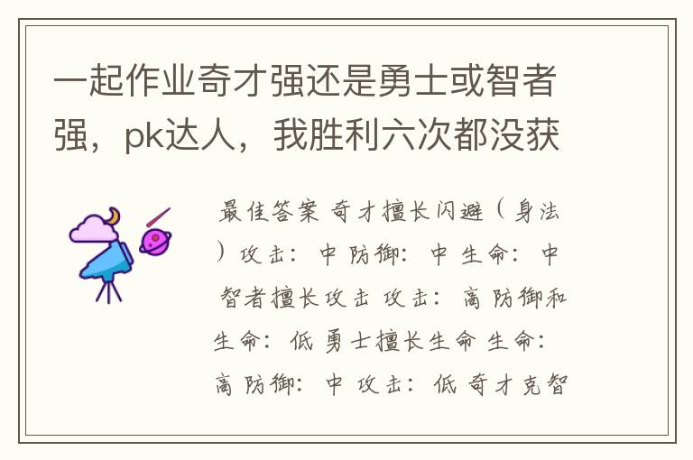 一起作业奇才强还是勇士或智者强，pk达人，我胜利六次都没获得？