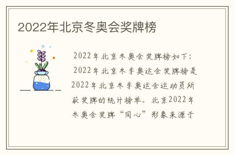 2022年北京冬奥会奖牌榜