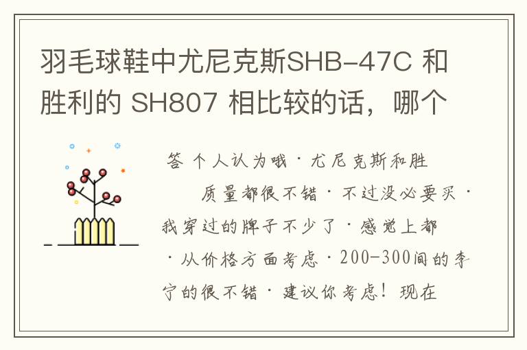 羽毛球鞋中尤尼克斯SHB-47C 和胜利的 SH807 相比较的话，哪个比较好？或者请大家推荐一款性价比很高的羽毛