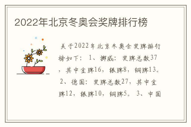 2022年北京冬奥会奖牌排行榜