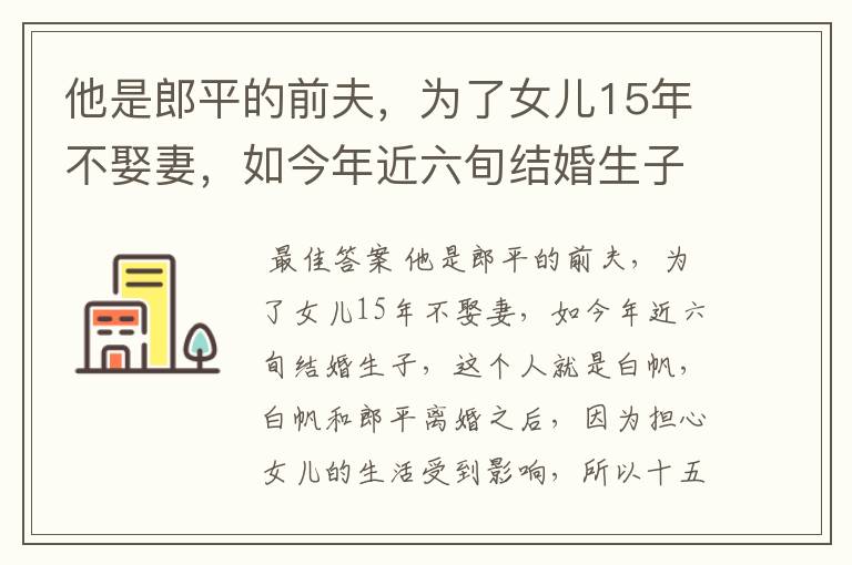 他是郎平的前夫，为了女儿15年不娶妻，如今年近六旬结婚生子，他是谁？