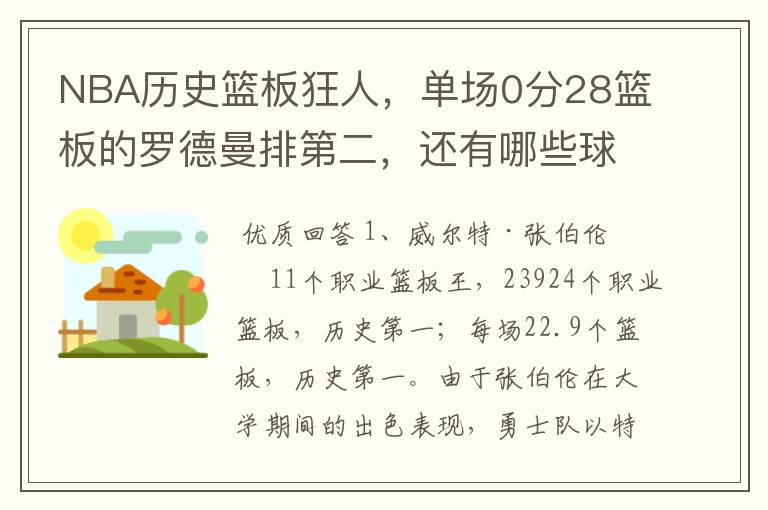 NBA历史篮板狂人，单场0分28篮板的罗德曼排第二，还有哪些球员上榜？