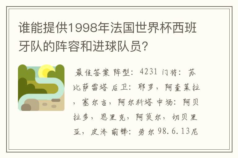 谁能提供1998年法国世界杯西班牙队的阵容和进球队员？