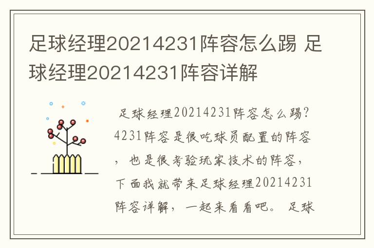 足球经理20214231阵容怎么踢 足球经理20214231阵容详解