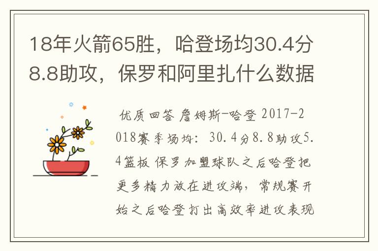 18年火箭65胜，哈登场均30.4分8.8助攻，保罗和阿里扎什么数据？