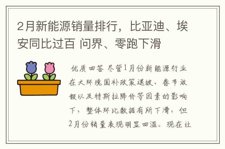 2月新能源销量排行，比亚迪、埃安同比过百 问界、零跑下滑