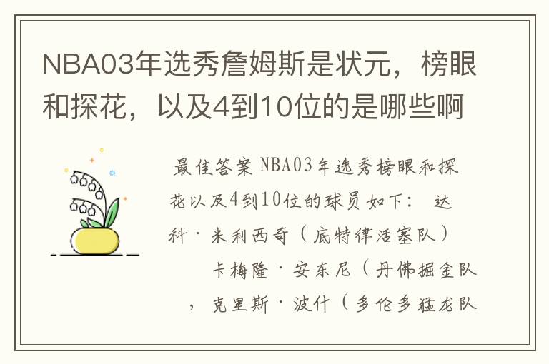 NBA03年选秀詹姆斯是状元，榜眼和探花，以及4到10位的是哪些啊？