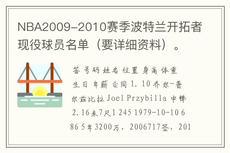 NBA2009-2010赛季波特兰开拓者现役球员名单（要详细资料）。