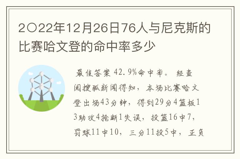 2○22年12月26日76人与尼克斯的比赛哈文登的命中率多少