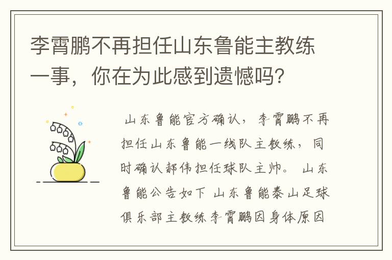 李霄鹏不再担任山东鲁能主教练一事，你在为此感到遗憾吗？