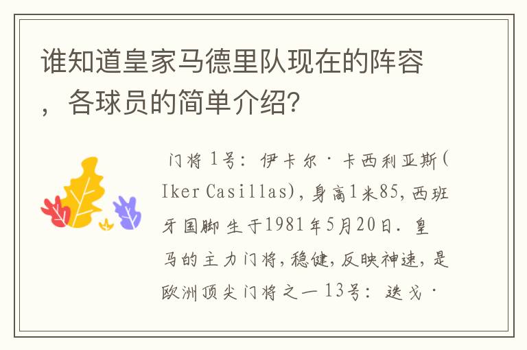 谁知道皇家马德里队现在的阵容，各球员的简单介绍？