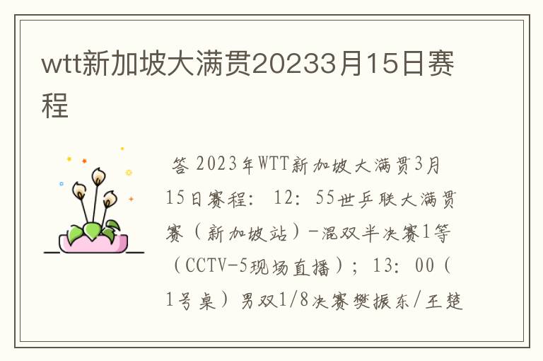 wtt新加坡大满贯20233月15日赛程