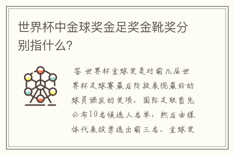 世界杯中金球奖金足奖金靴奖分别指什么？