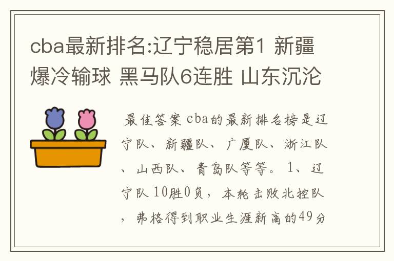 cba最新排名:辽宁稳居第1 新疆爆冷输球 黑马队6连胜 山东沉沦