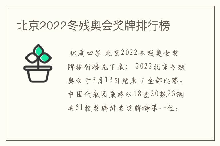 北京2022冬残奥会奖牌排行榜