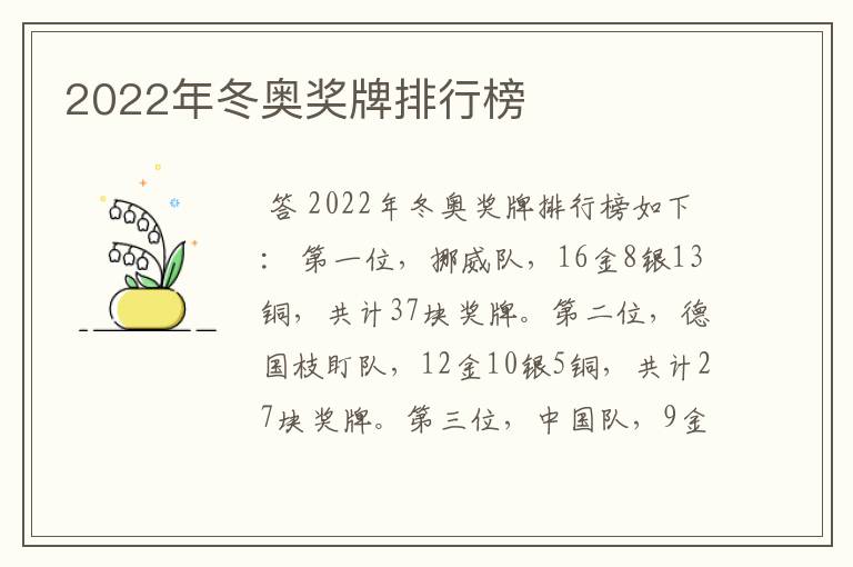 2022年冬奥奖牌排行榜