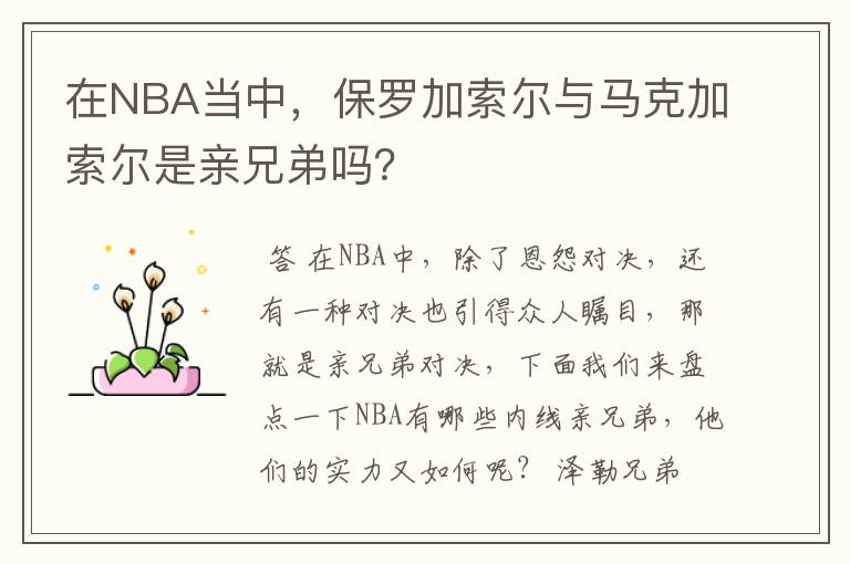 在NBA当中，保罗加索尔与马克加索尔是亲兄弟吗？