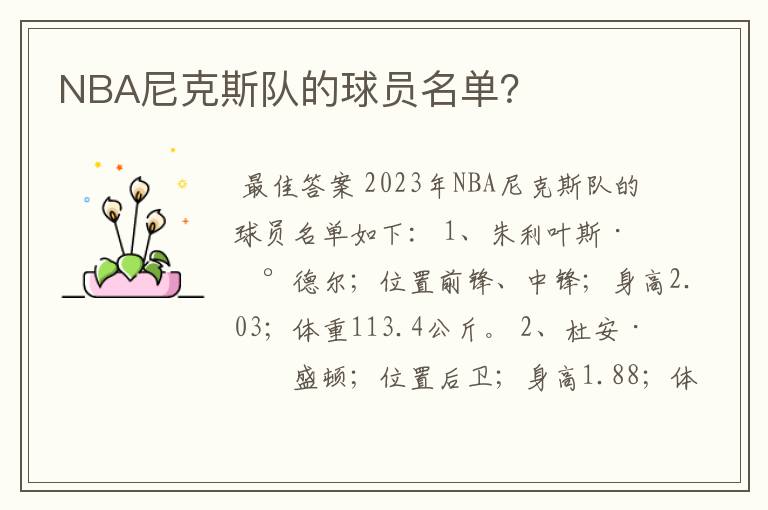 NBA尼克斯队的球员名单？