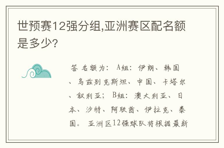 世预赛12强分组,亚洲赛区配名额是多少?