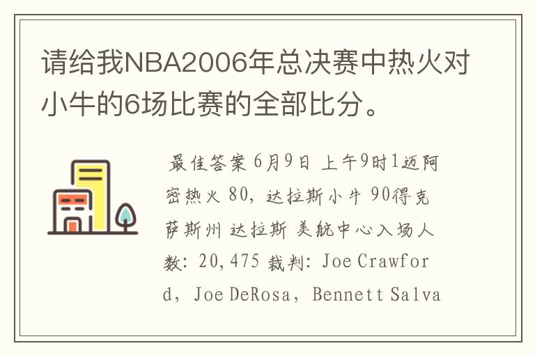 请给我NBA2006年总决赛中热火对小牛的6场比赛的全部比分。