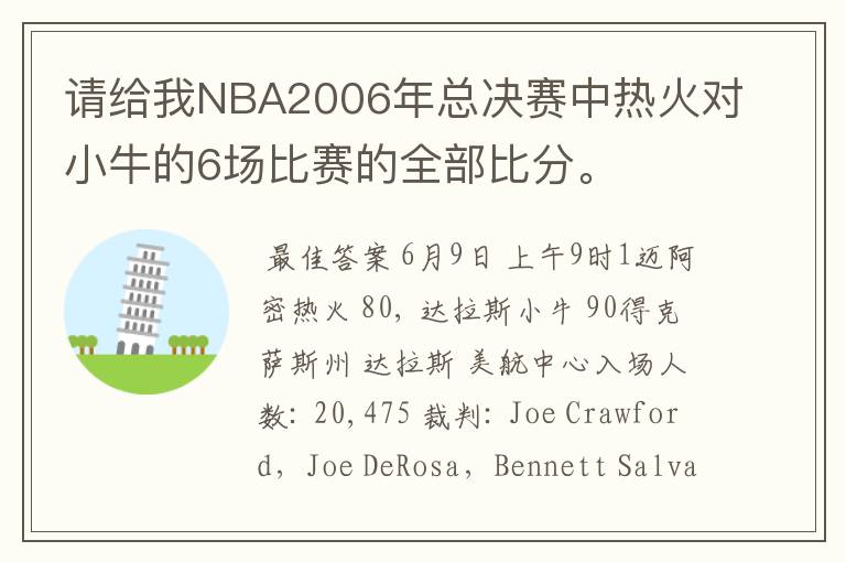 请给我NBA2006年总决赛中热火对小牛的6场比赛的全部比分。