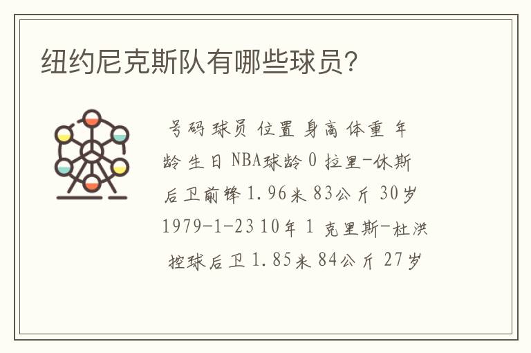 纽约尼克斯队有哪些球员？