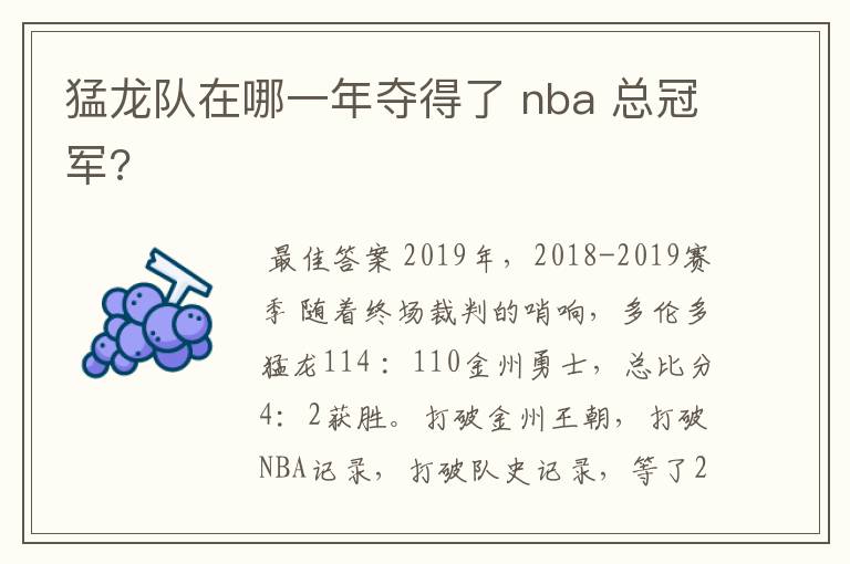 猛龙队在哪一年夺得了 nba 总冠军?