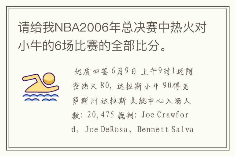 请给我NBA2006年总决赛中热火对小牛的6场比赛的全部比分。