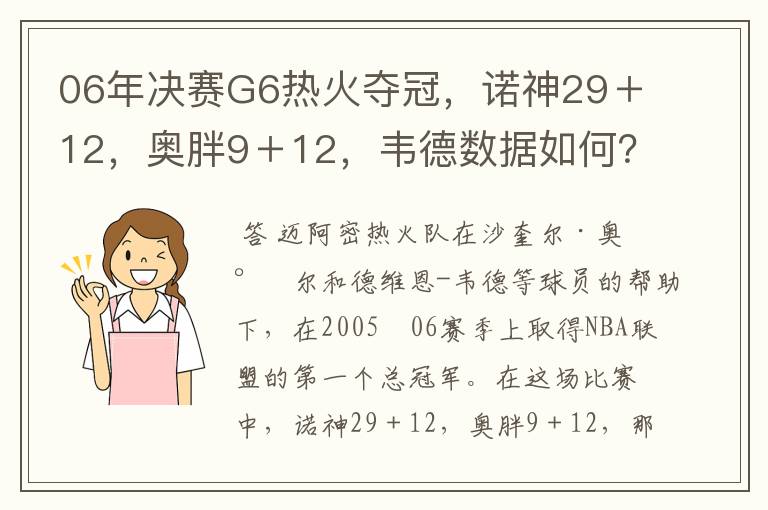 06年决赛G6热火夺冠，诺神29＋12，奥胖9＋12，韦德数据如何？