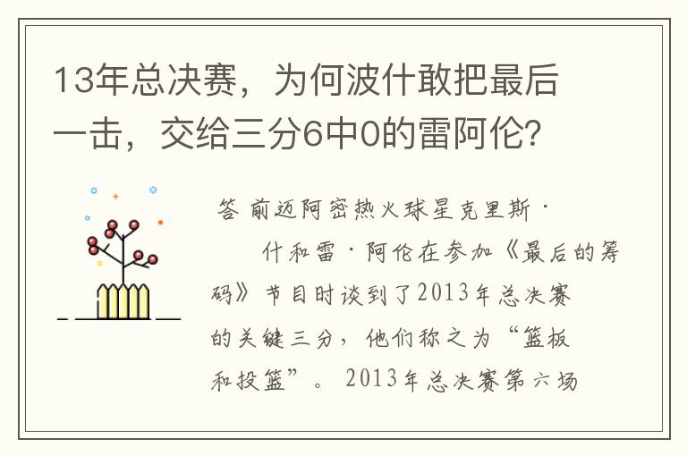 13年总决赛，为何波什敢把最后一击，交给三分6中0的雷阿伦？