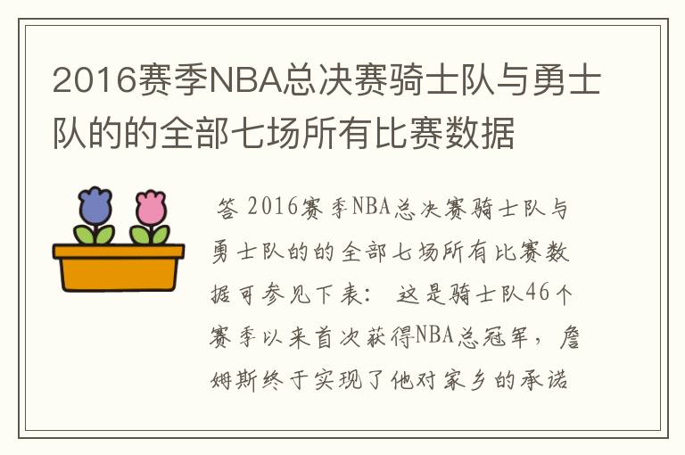 2016赛季NBA总决赛骑士队与勇士队的的全部七场所有比赛数据