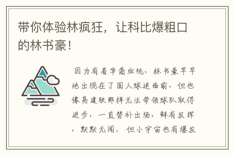 带你体验林疯狂，让科比爆粗口的林书豪！