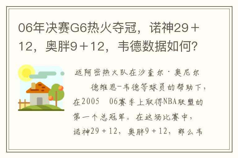 06年决赛G6热火夺冠，诺神29＋12，奥胖9＋12，韦德数据如何？