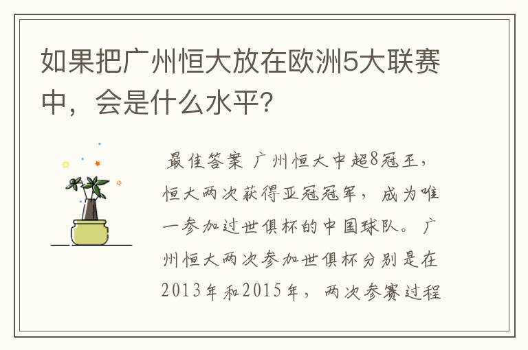 如果把广州恒大放在欧洲5大联赛中，会是什么水平？