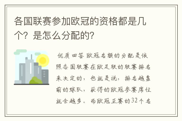 各国联赛参加欧冠的资格都是几个？是怎么分配的？