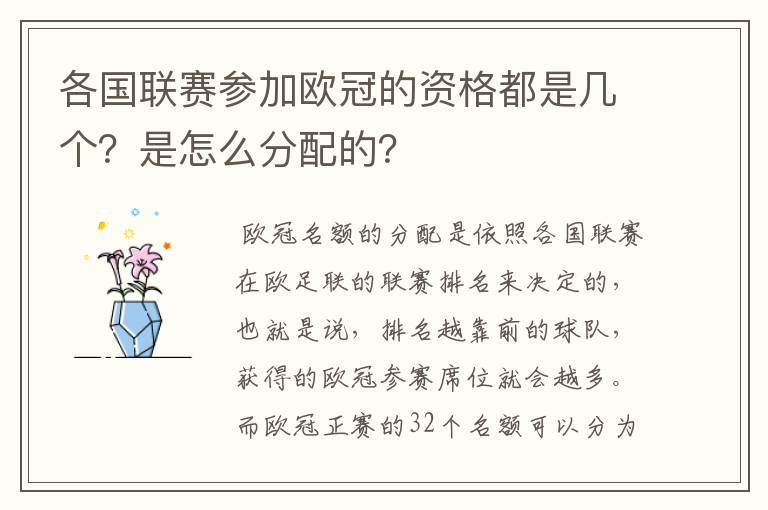 各国联赛参加欧冠的资格都是几个？是怎么分配的？