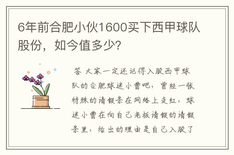 6年前合肥小伙1600买下西甲球队股份，如今值多少？