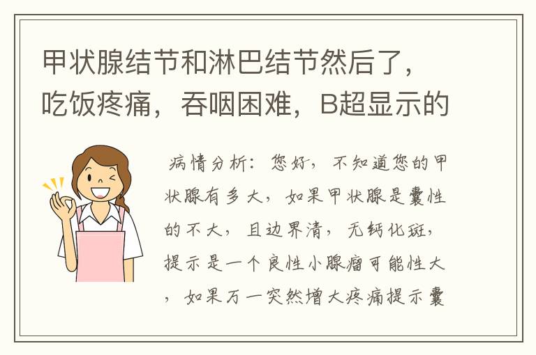 甲状腺结节和淋巴结节然后了，吃饭疼痛，吞咽困难，B超显示的话就是