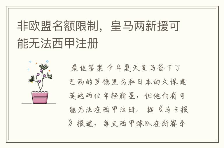 非欧盟名额限制，皇马两新援可能无法西甲注册