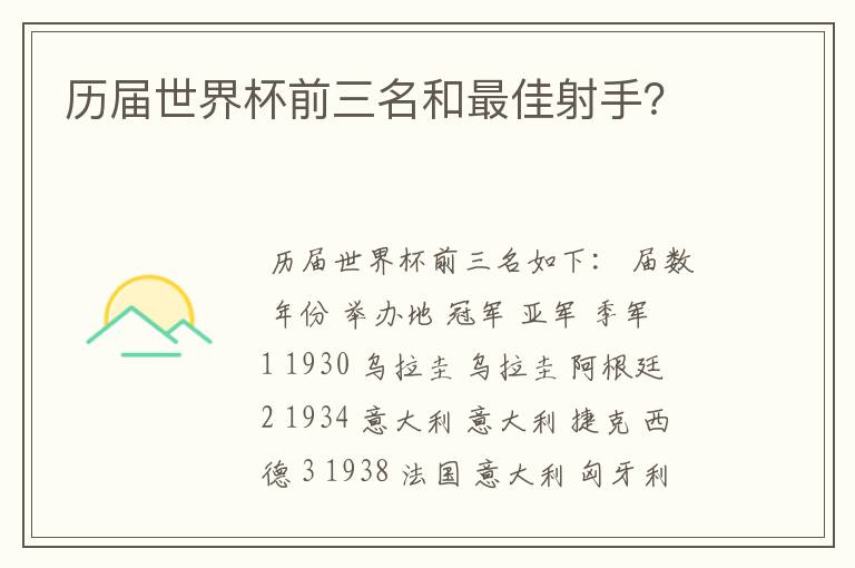 历届世界杯前三名和最佳射手？