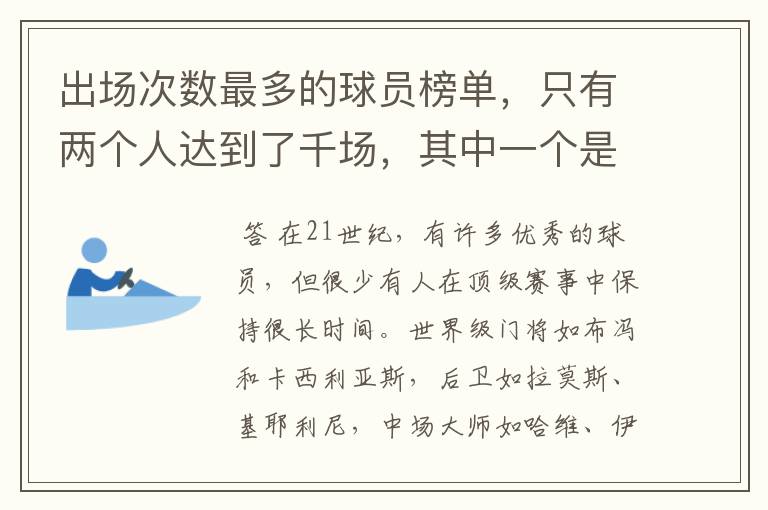 出场次数最多的球员榜单，只有两个人达到了千场，其中一个是C罗